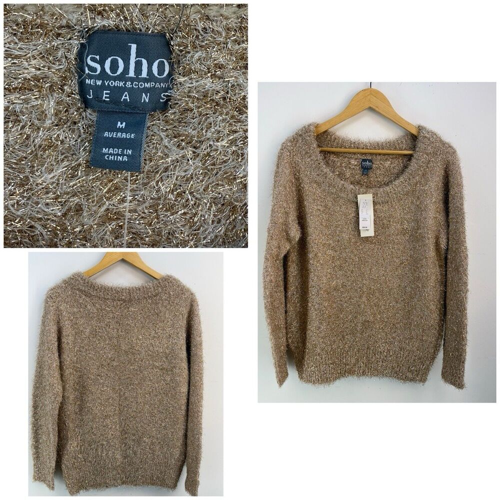 Soho New York & Company Jeans Sweater Size M Gold Metallic Sparkly Holidays